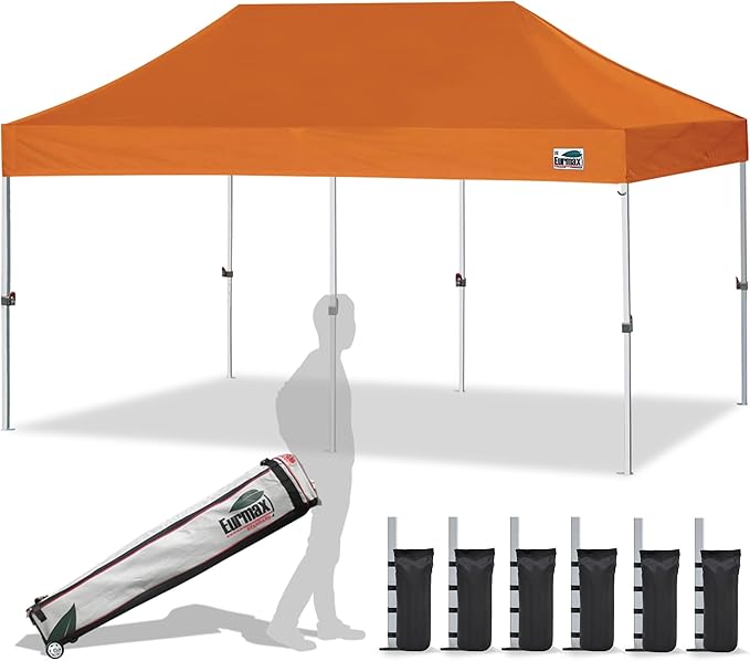 Eurmax USA 10x20ft Pop Up Canopy, Commercial Instant Tent for Outdoor Events, Patented No-Tip Rolling Storage Bag with 6 Sandbags,UV & Water Resistant,Heavy Duty Portable Shelter Gazebo,Pumpkin Orange