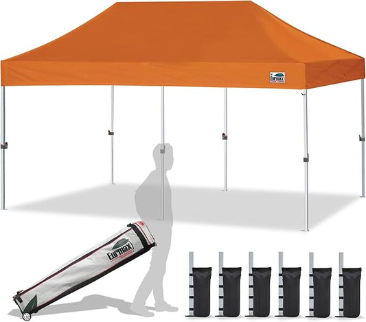 Eurmax USA 10x20ft Pop Up Canopy, Commercial Instant Tent for Outdoor Events, Patented No-Tip Rolling Storage Bag with 6 Sandbags,UV & Water Resistant,Heavy Duty Portable Shelter Gazebo,Pumpkin Orange