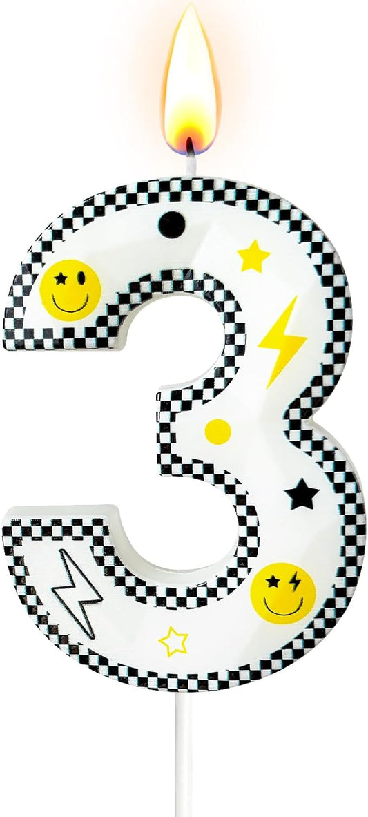 Number 3 Birthday Candle for Cake – 2.7 Inch Large Size Black White Checkered Smiley Design with Lightning & Star – therr Happy Dude Theme Cake Topper Decoration