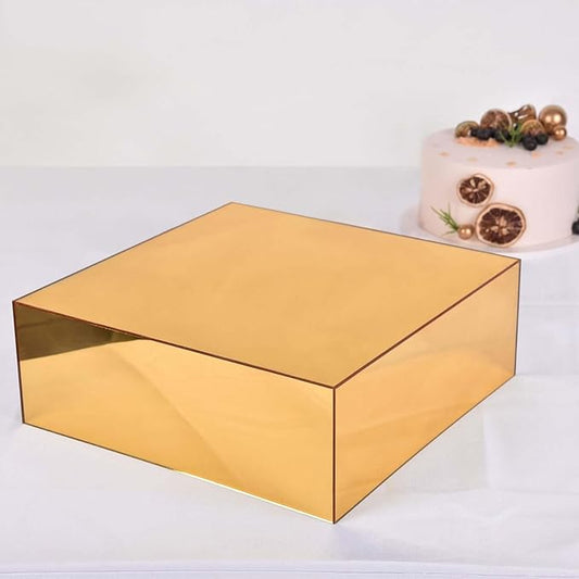 Efavormart 14"x14" Gold Acrylic Cake Box Stand, Mirror Finish Display Pedestal Riser with Hollow Bottom, Elegant Cake Support for Weddings, Galas, and Sophisticated Party Events