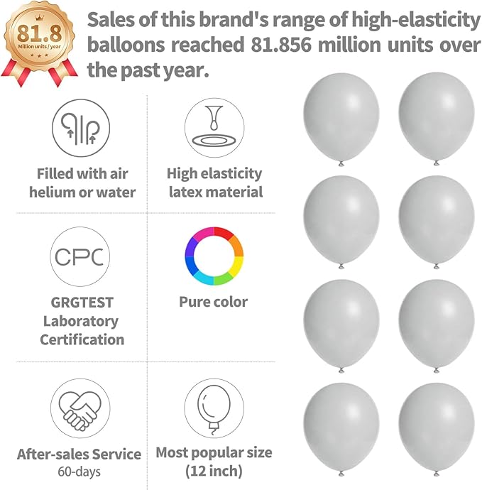 110pcs Grey Balloon 12 inch, Grey Latex Balloons for Birthday Party Baby Shower Wedding(with 2 Ribbons).