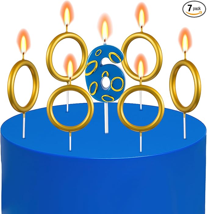 Conelist 7 Pcs Gold Ring Birthday Candles Number Candle Cake Topper Cartoon Characters Themed Candle for Wedding Anniversary Valentine's Day Birthday Party Decorations Supplies(Number 6)