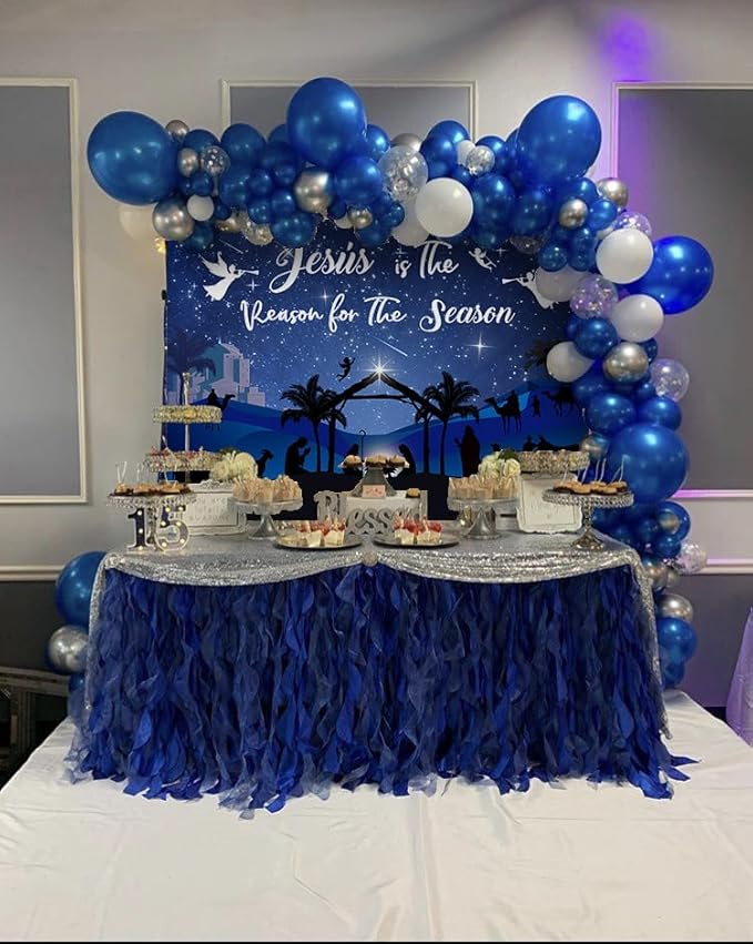 Mocsicka Christmas Nativity Backdrop Blue Large Merry Christams Party Decorations Banner Xmas Christmas Jesus is The Reason for The Season Background Photo Booth (Blue, 10x7ft(120"x82"))