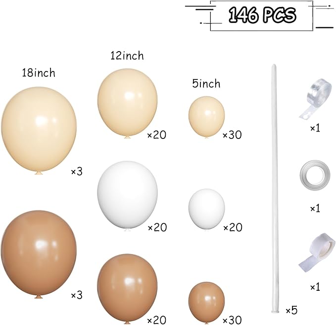 MEBAY Boho Balloons Garland Arch Kit, 146 Pcs Brown Nude White Balloons Different Sizes for Girls Baby Shower Garden Tea Party Bachelorette Birthday Wedding Decorations