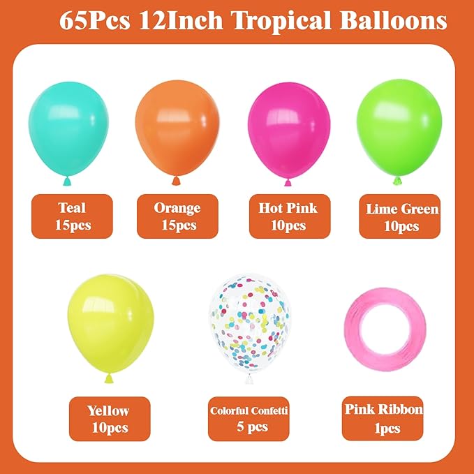 Tropical Hawaiian Balloons Set, 65Pcs 12In Summer Party Balloons with Hot Pink Green Orange Yellow Teal Blue for Hawaiian Summer Birthday Party Decorations