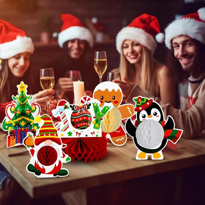 13PCS Christmas Party Decorations, Christmas Honeycomb Centerpieces For Tables, Xmas 3D Table Decorations with Santa Claus Snowman for Merry Christmas Party Supplies Indoor Home Holiday Sign