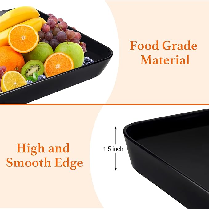 4 pcs 16" x 11" Large Serving Trays for Party Supplies, Plastic Platters for Serving Food, Unbreakable Reusable Trays for Snack, Fruit, Cookies, Desserts in Kitchen, BPA Free, Black