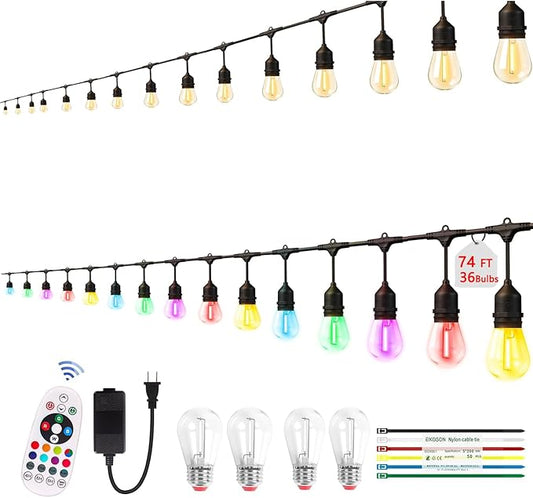 74FT Outdoor String Lights, Outdoor Lights for Patio,with 36+4 LED RGBW Color Change,3000K Bright White Waterproof Bulbs, Dimmer & Remote, Customized 12 Colors & 4 Modes, for Backyard Decor