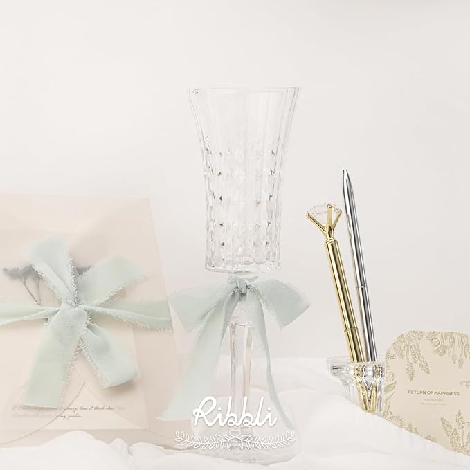 Ribbli Creamy Sage Ribbon 1 Inch x 3 Rolls Total 24 Yards Light Green Handmade Fringe Chiffon Silk Ribbon for Wrapping Wedding Invitations Bridal Bouquets DIY Crafts Home Decor