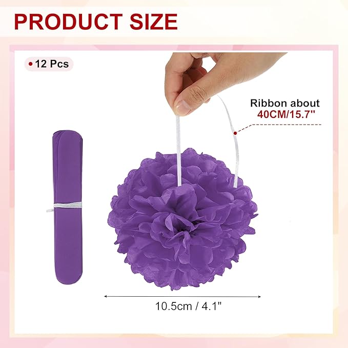PATIKIL 4inch Tissue Paper Pom Poms, 12PCS Pom Poms Paper Flowers Ball Tissue Paper Flowers for Wedding Bridal Shower Birthday Bachelorette Party Backdrop Decoration, Dark Purple