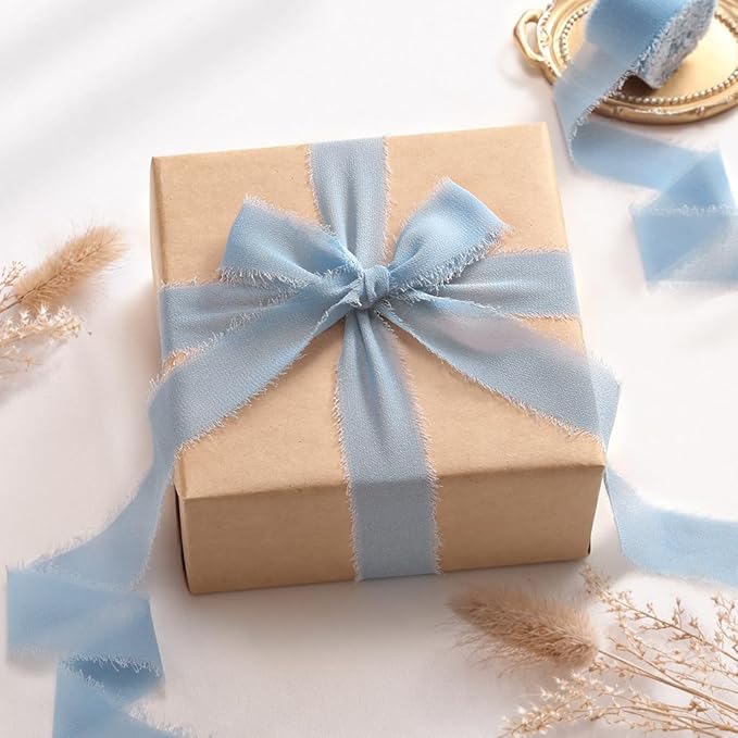 DORIS HOME Dusty Blue Chiffon Ribbon for Flower Bouquet, 1" x21Yd Fabric Ribbon for Gift Wrapping, Handmade Frayed Ribbon for Wedding Invitations/Christmas Decorations