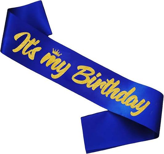 It's My Birthday Sash Royal Blue with Glitter Gold Letters Happy Birthday Sash for Men Boy Bday Gift Ideas Party Favors