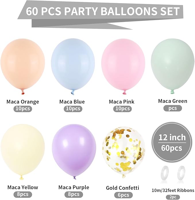 Pastel Balloons, 60 PCS Pastel Easter Balloons, 12 Inch Macaron Pink Blue Purple Green Yellow Orange Color Balloon Gold Confetti for Birthday Baby Shower Wedding Pastel Easter Party Decorations