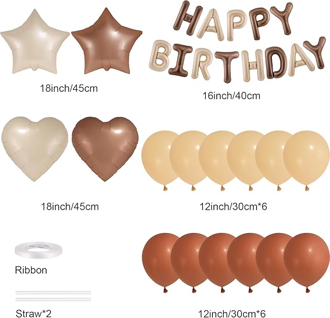 CANREVEL Happy Birthday Balloons Banner 16 Inch Mylar Foil Letters with Star & Heart Balloons Birthday Party Decorations for Men and Women - 29 Pcs Caramel chocolate