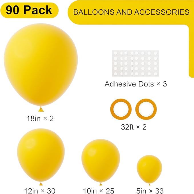 Voircoloria 90pack Lemon Yellow Balloons Different Size 18/12/10/5 Inch Yellow Balloon Garland Arch Kit for Graduation, Wedding, Birthday, Princess Theme, Baby Shower, Anniversary Party Decorations