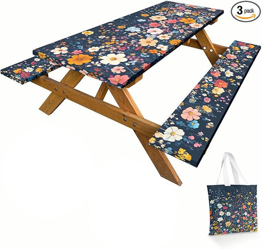 French Flowers Picnic Table Cover with Bench Covers and Carrying Bag, Vintage Berry Garden Rectangle Table Cover Outdoor Patio Camping Essentials 72 inch 4PCS Camping Fitted Tablecloth
