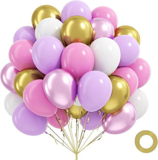 60pcs Pink and Purple Balloons 12inch, White Pastel Purple Metallic Pink Gold Balloons for Pastel Baby Shower Birthday Party Decorations