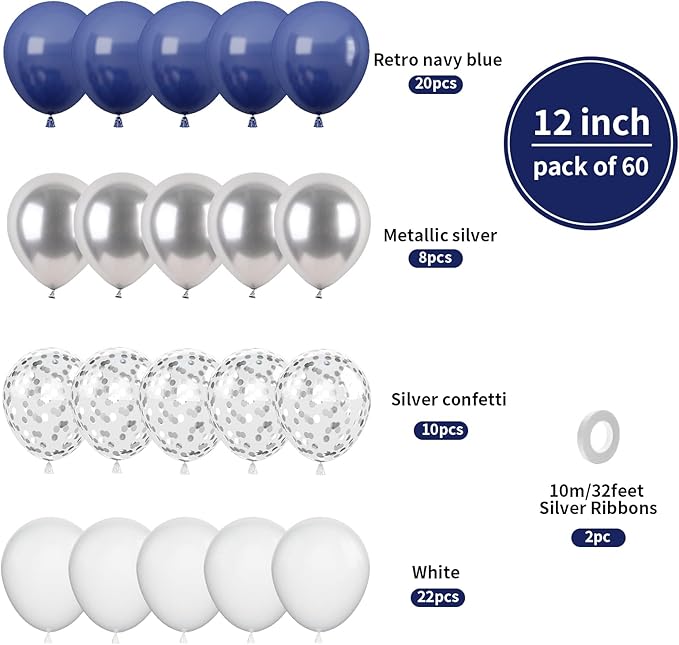 Biapian Navy Blue Silver Balloons, 60PCS Blue Silver White Balloons, 12 Inch Metallic Silver Confetti Balloons Dark Blue and Silver Latex Balloons for Birthday Graduation Bridal Baby Shower Party