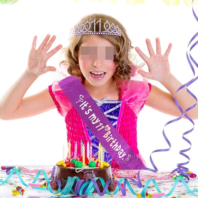 Purple 11th Birthday Sash for Girls Birthday Princess Crown Queen Tiara Rhinestone Birthday Headbands Birthday Girl Sash Happy Birthday Decorations for Girls 11 Year Old Birthday Party Supplies