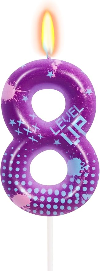 STG Birthday Candles for Boys - Number 8 Candle for Video Game Birthday Cake Topper, Fort Battle Level Up Sandbox Games Birthday Party Supplies (Purple)