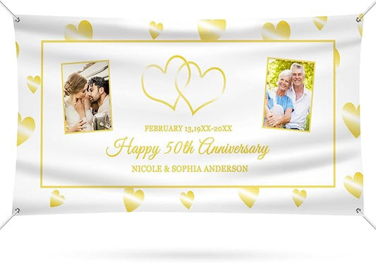 Happy Anniversary Banner Personalized Name Photo Custom Wedding Celebration Banners and Signs Customize Decoration for Couple 4'x2'