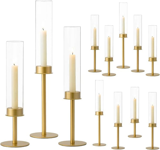 Hewory Gold Candle Holders, 12Pcs Brass Hurricane Candlestick Holders with Glass Candle Cover for Wedding Table Centerpiece Christmas Decor