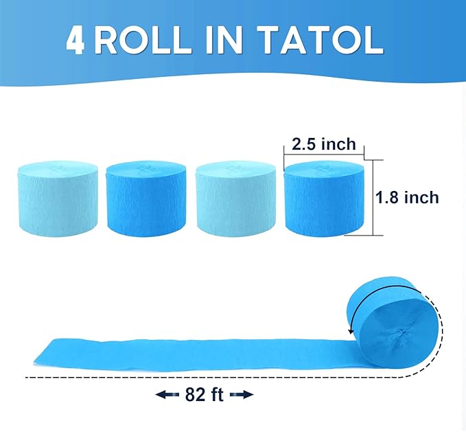 4 Rolls Crepe Paper Blue Series Streamers – Perfect for Streamers Party Decorations, Wedding, Birthday, Colored Decor, and DIY Craft Supplies(1.8 Inch x 82 Ft/Roll)