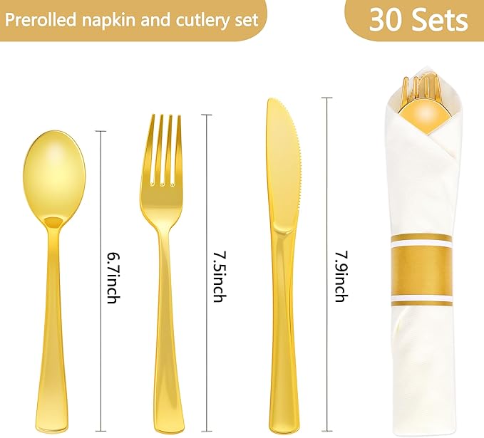 30 Pack Pre Rolled Gold Plastic Silverware Set,Wrapped Plastic Cutlery Set with Napkin Include 30 Forks,30 Spoons,30 Knives and 30 White Napkins for Party,Wedding,Birthday