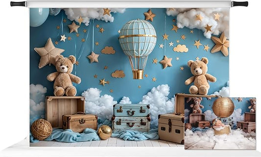 Kate Hot Air Balloon Backdrop for 1st Birthday Party Cartoon Teddy Bear Background Photo Studio Props, 7x5ft