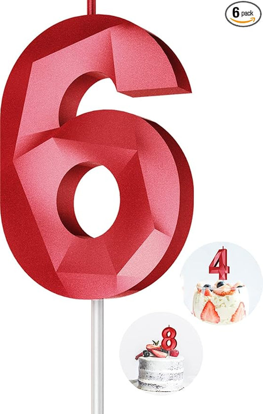 Number Birthday Candles(6 Candle Red) 3D Diamond Shape Number Happy Birthday Cake Candles for Birthday Party Wedding Decoration Reunions Theme Party