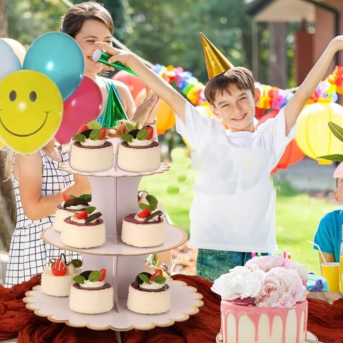 2 Pack Cardboard Cupcake Stand, 3 Tier Paper Cupcake Tower, Round Cake Display Rack Dessert Stand Pastry Holder for Christmas Wedding Anniversary Birthday Baby Shower Party (#A)