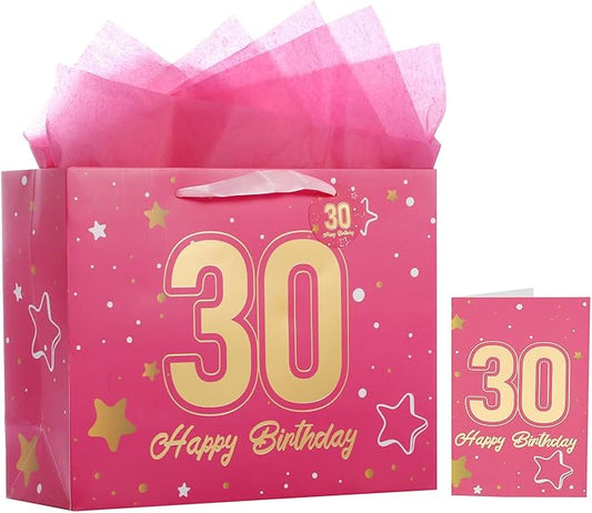 Powbrace 13" Pink 30th Birthday Gift Bag with Tissue Paper and Greeting Card for Party,Happy Birthday Gift Bag for Men Women,Gift Bags Medium size(1 Pink 30th)