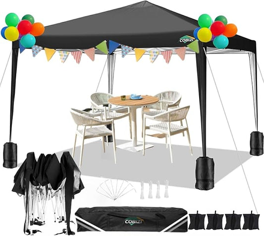 COBIZI 10x10 Ez Pop Up Canopy Tent, UPF 50+ Waterproof Outdoor Canopy, Instant Portable Camping Canopies Gazebo for Commercial Sun Shade Party Backyard with 4 Sandbags(Black)
