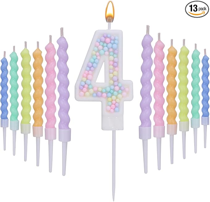 Number 4 Birthday Candles for Cake with 15 Pieces Spiral Candles with Macaron Pastel Rainbow Pink Cake Toppers for Girls Happy Birthday Party Decorations