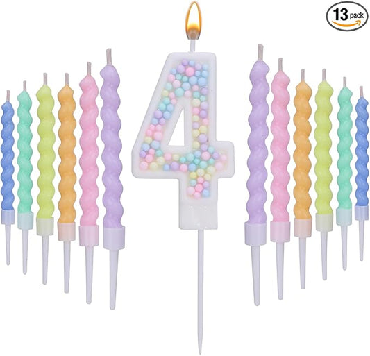 Number 4 Birthday Candles for Cake with 15 Pieces Spiral Candles with Macaron Pastel Rainbow Pink Cake Toppers for Girls Happy Birthday Party Decorations