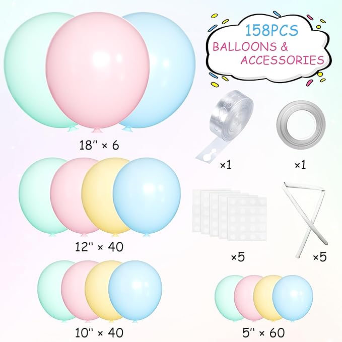 MEBAY Pastel Balloon Garland Arch Kit, 146Pcs Macaron Pink Blue Green Yellow Latex Balloons Different Sizes 18 12 10 5 Inch for Gender Reveal Baby Shower Wedding Birthday Party Decoration