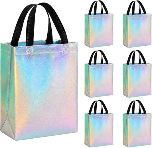 MAQIHAN 6 Pcs Iridescent Gift Bags Bulk - Mother's Day Iridescent Glossy Gifts Bags Medium Size,Reusable Gift Bag with Handles for Birthday Party, Wedding, Party Favor, Christmas, Easter