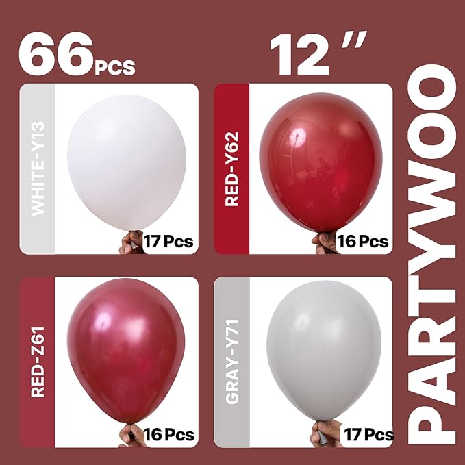 PartyWoo Burgundy White and Gray Balloons 66pcs 12 Inch Burgundy Maroon White Grey Balloons for Graduation Baby Shower Birthday New Year's Eve Anniversary Bachelorette Retirement Party Decorations