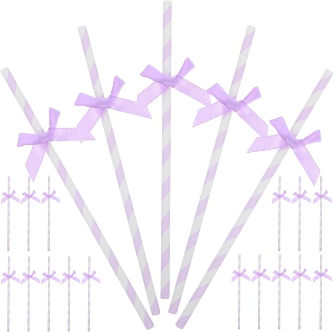 Gadpiparty Disposable Paper Straws with Purple Bow Tie Decorations 7.87 Inch Festive Decorative Straws for Birthday Wedding Baby Shower and Party Supplies