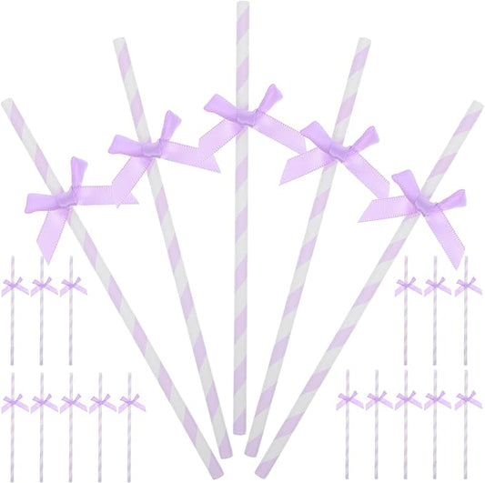 Gadpiparty Disposable Paper Straws with Purple Bow Tie Decorations 7.87 Inch Festive Decorative Straws for Birthday Wedding Baby Shower and Party Supplies
