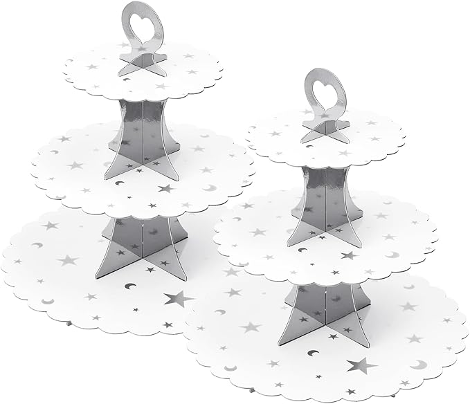 Soleebee 3-Tier Cupcake Stand, Cardboard Cupcake Tower, Dessert Cup Cake Stand Tower for Birthday Wedding Party Decoration, Cupcake Tier Stand 2 Set (Silver Moon and Star)