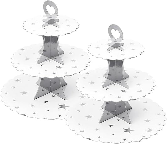 Soleebee 3-Tier Cupcake Stand, Cardboard Cupcake Tower, Dessert Cup Cake Stand Tower for Birthday Wedding Party Decoration, Cupcake Tier Stand 2 Set (Silver Moon and Star)