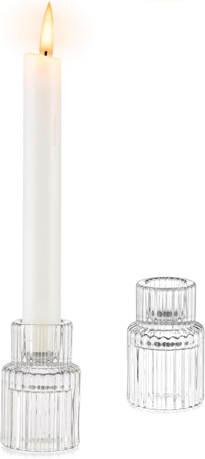 Glass Candlestick Taper Candle Holder: Glasseam Set of 2 Small Candle Holders for Candlesticks, Modern Crystal Clear Tapered Candle Stick Holder for Wedding Dining Table Centerpiece Christmas Decor