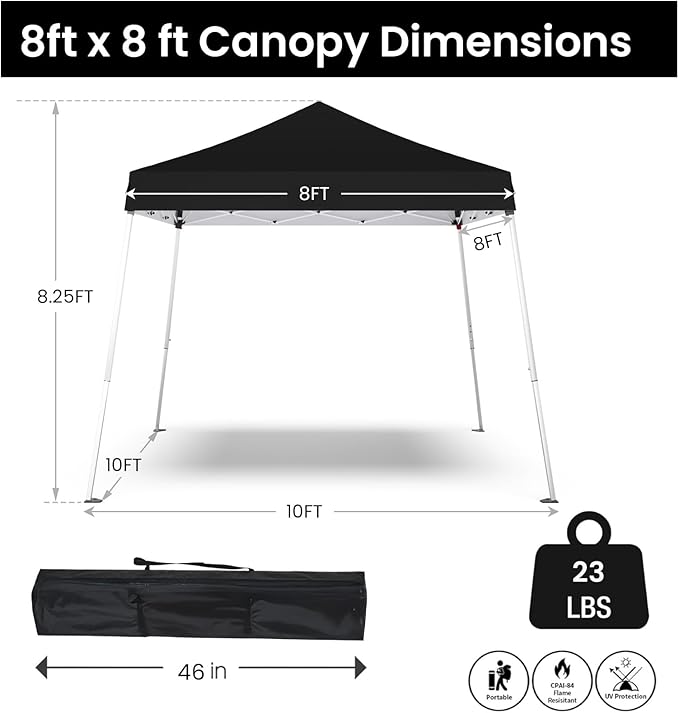 Pop-up Canopy Tent,Portable Outdoor Canopy for Parties Camping,Slant Legs Folding Tent,Sports Shelter,Beach Tent,Base 10x10 Top 8x8,3 Adjustable Height(Black)
