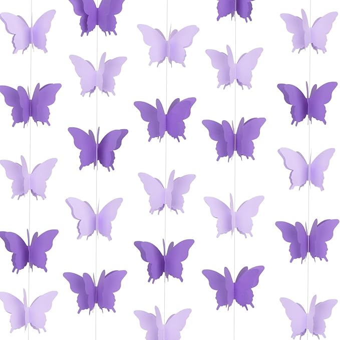 jijAcraft Butterfly Hanging Garlands - 3D Purple Paper Butterflies, 4 Packs - Birthday Decorations for Baby Showers, Home Decor, Weddings & Parties (39ft)