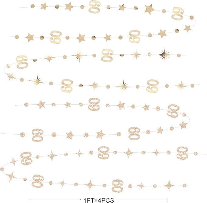 Champagne Gold 60th Birthday Decorations Number 60 Circle Dot Star Garland Metallic Streamer Banner for Women Mens Cheers to 60 Years Old Birthday Happy 60th Anniversary Vintage 1965 Party Supplies