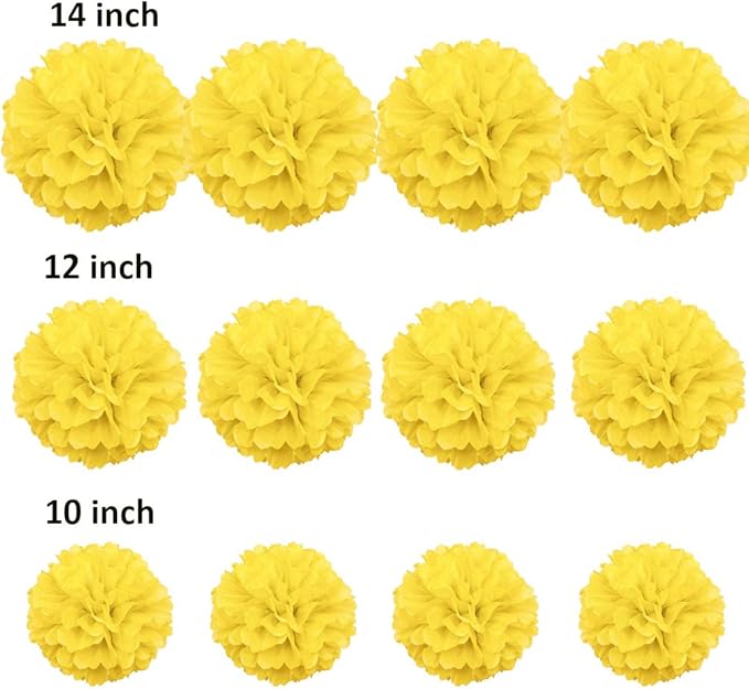 12Pcs Pom Poms of 10" 12" 14" Tissue Paper Craft Pom Poms Kit Tissue Paper Flowers Wedding Decorations for Wedding, Birthday, Baby Shower, Nursery Decor-Single Yellow