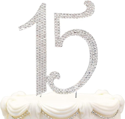 Bling Crystal Rhinestone 15 Birthday Cake Topper - Best Keepsake | 15th Party Decorations Silver
