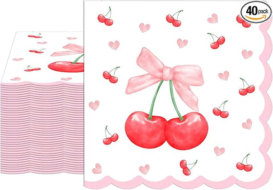 40Pcs Pink Bow Cherry Napkins Disposable Scalloped Bow Cherry Heart paper Napkins Luncheon Dinner Napkins for Baby Shower Cocktail Bridal Shower Party Table Supplies6.5x6.5in