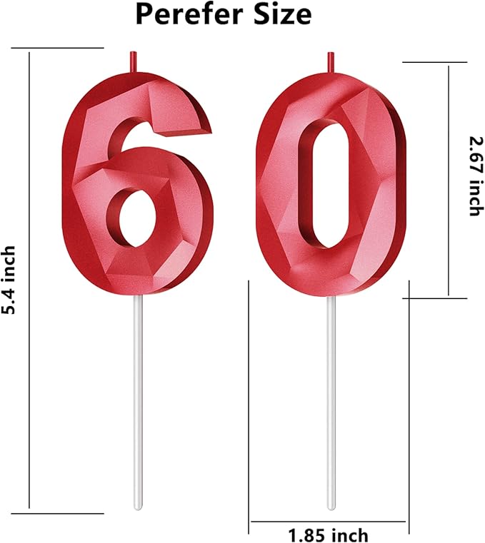 Number Birthday Candles(60 Candle Red) 3D Diamond Shape Number Happy Birthday Cake Candles for Birthday Party Wedding Decoration Reunions Theme Party